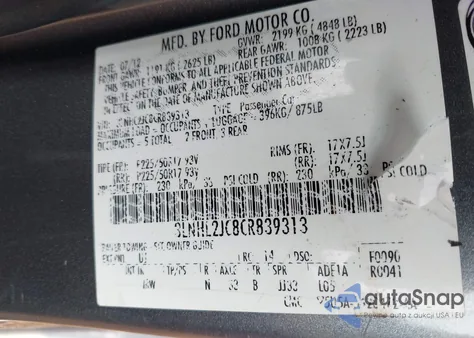 2012 Lincoln Mkz z USA, uszkodzony, nr VIN 3LNHL2JC8CR839313